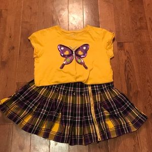 Children’s place pleated plaid kilt style skirt with butterfly shirt size 10/12